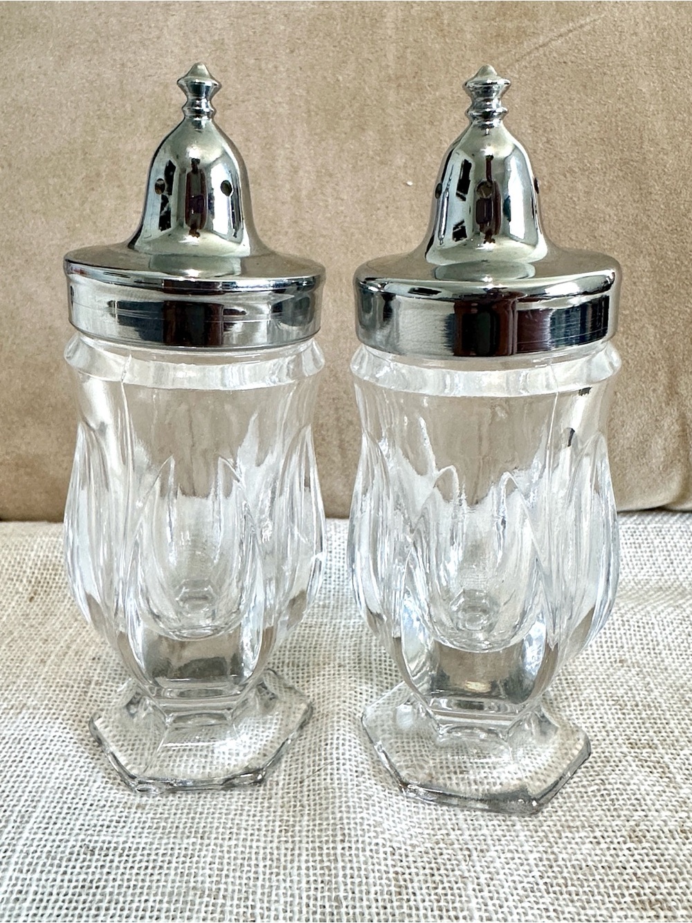 Vintage Fostoria Crystal Silver Metal Top Salt & Pepper Shakers